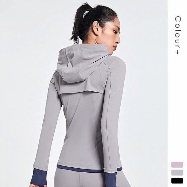 

lulu the same autumn and winter high-end yoga suit full zip hooded coat finger outdoor exercise fitness women, Gray