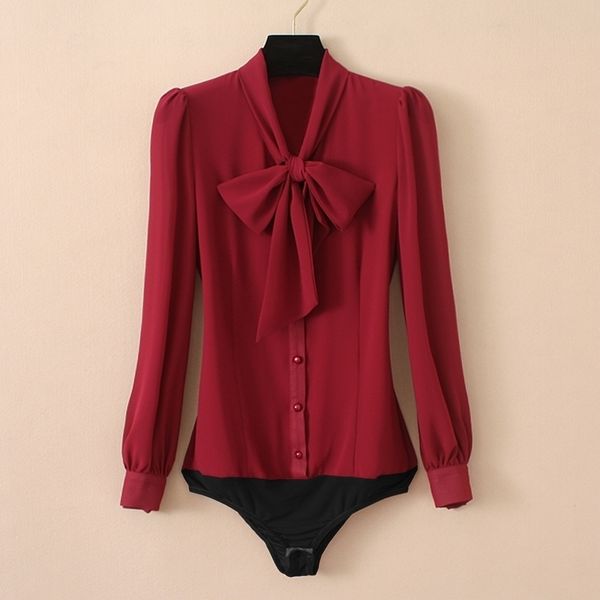 

women elegant chiffon blouse solid color bow neck lantern long sleeve bodysuit office ladies body shirt blouse black white wine y200828