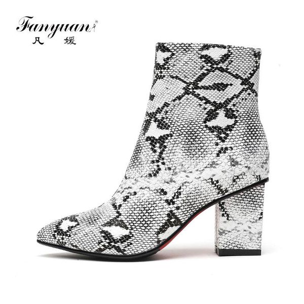 

fanyuan print snake pu ankle boots zipper pointed toe fashion boots thick high heel female party women winter shoes, Black