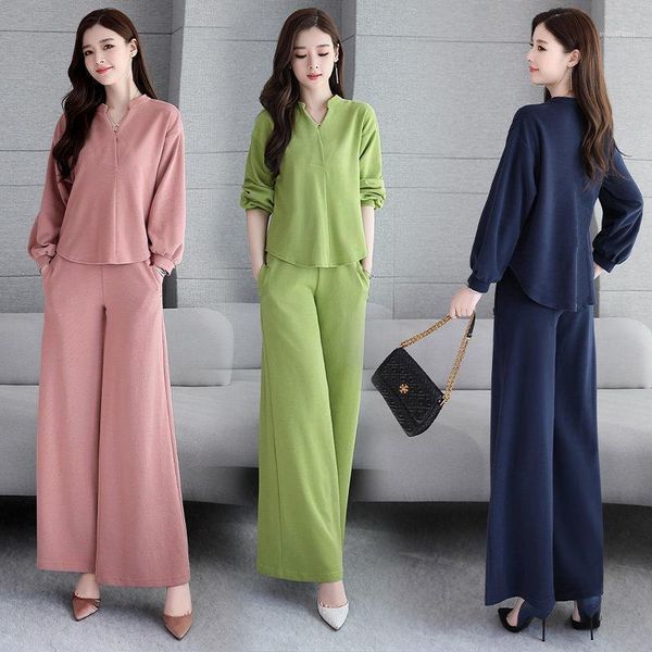 

women new 2020 spring autumn simple solid color long sleeve + wide leg pants suit female casual 2 piece trousers sets y3791, White