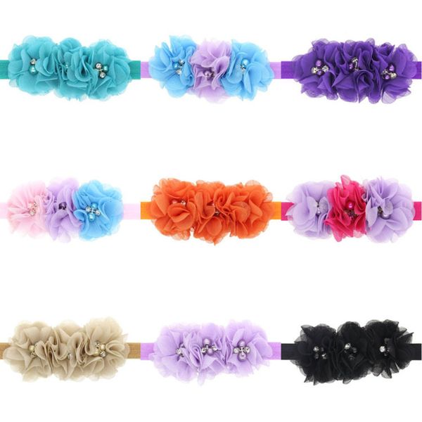 

ak7e28 3 colors baby flowers girl headbands bands pearl crystal chiffon flower combination set elastic headwear hair acc