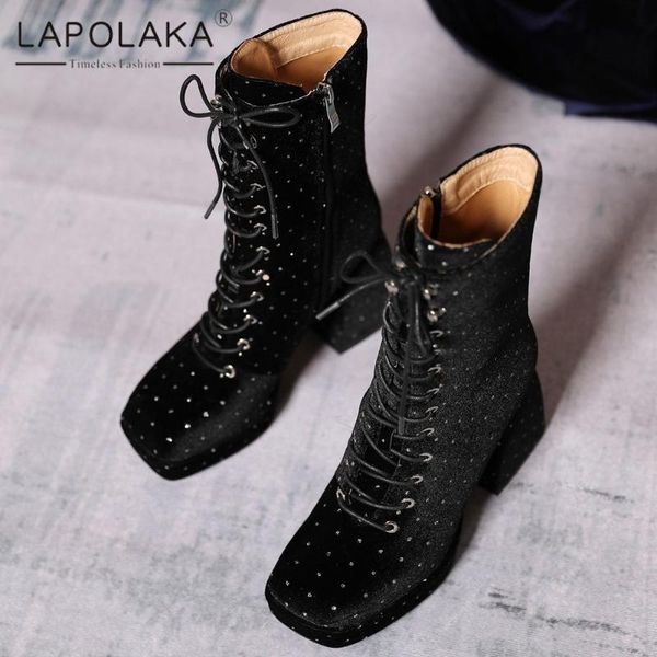

lapolaka 2020 new fashion large size 43 hoof heels ankle boots woman shoes zip up platform cross-tied fashion shoes boots, Black