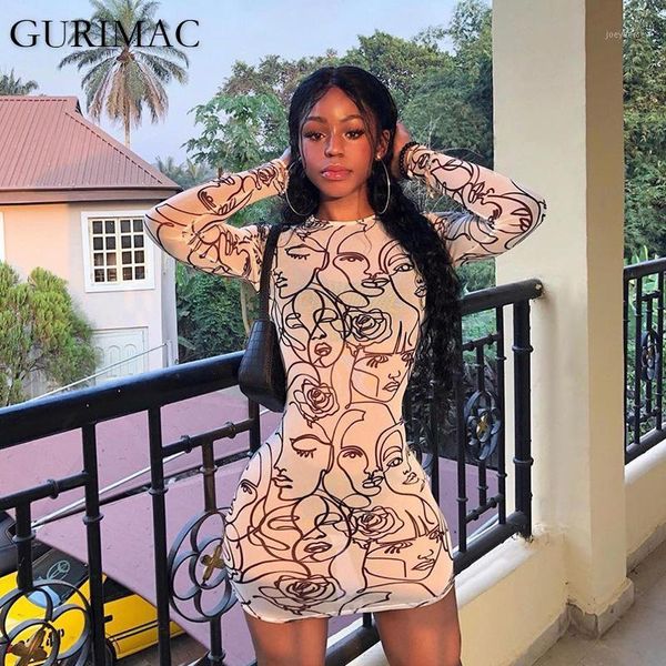 

gurimac 2020 print bodycon dress summer women party elegant slim club outfits mesh long sleeve mini dresses streetwear1, Black;gray