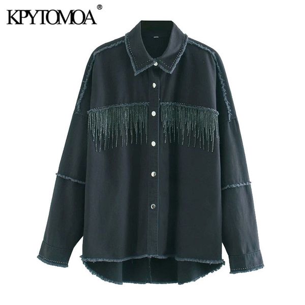 

kpytomoa women fashion oversized bejewelled denim jacket coat vintage long sleeve fayed tassel female outerwear chic 201112, Black;brown