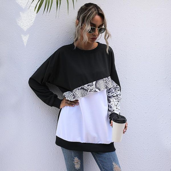 

round neck leopard print stitching long-sleeved casual hoodie women's 2020 spring autumn slim black pullover
