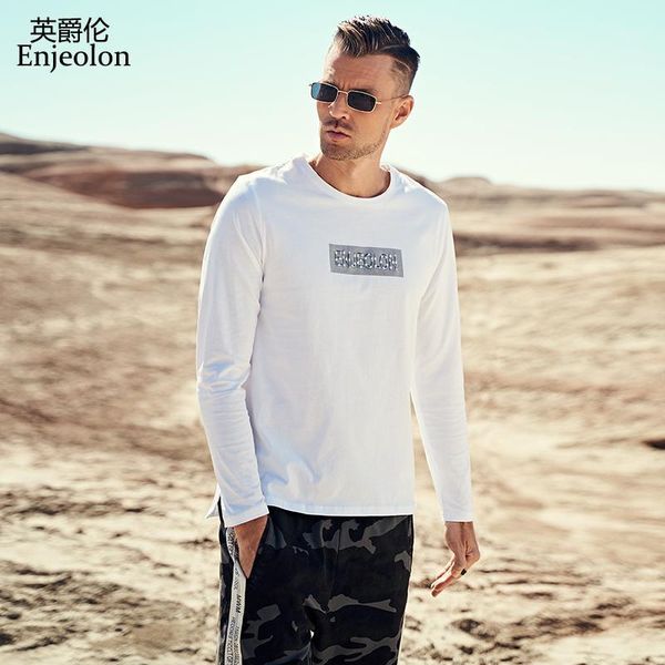 

enjeolon brand men t shirt long sleeved o-neck letter print casual 100% cotton male tee shirt plus size 3xl rst7416-11, White;black