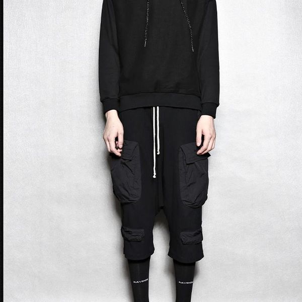 

menswear ro dark bag bag function cone-shaped pants, loose crotch harem pants, Black