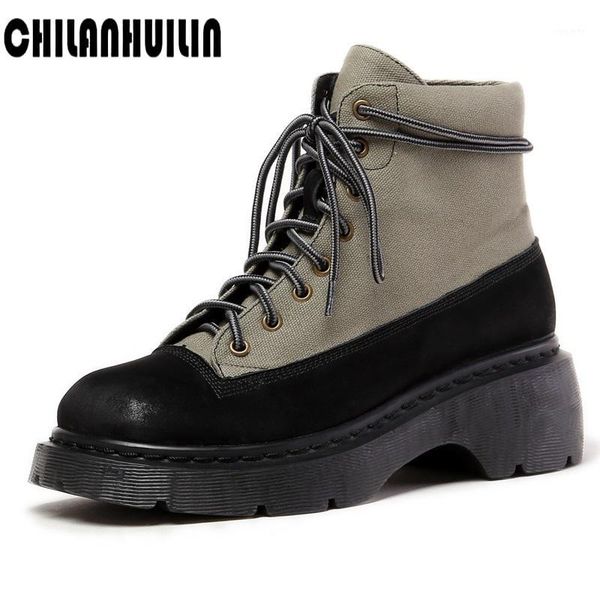 

punk style autumn winter fashion cowhide boots women 2021sewing patchwork shoes female lace-up platform ankle boots woman1, Black