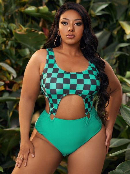 

plus plaid cut out ring linked one piece swimsuit a2t8#, Black
