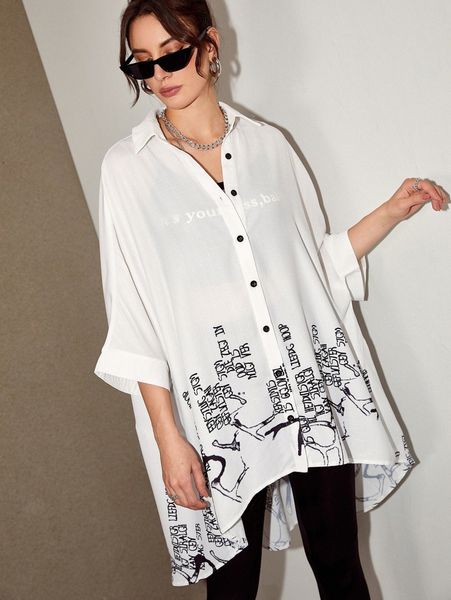 

graphic print batwing sleeve button through blouse o4bt#, White