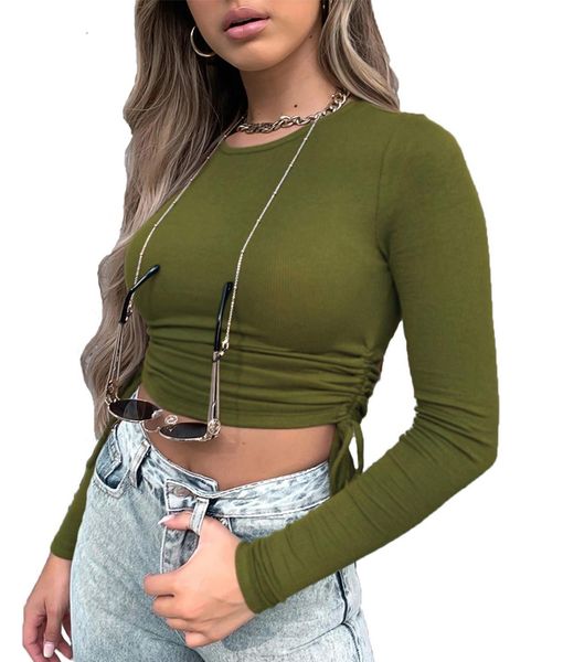 

2021 new women's fashion cute long sleeve color drawstring ruched t-shirt fall slim fitted mq4y, White