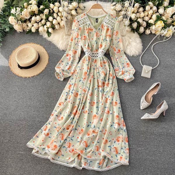 

2021 new singiny feminine chiffon floral long autumn retro puff neck the line dressed chic bow boho dress print aepu, Black;gray