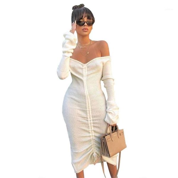 

front drawstring dresses women white slash neck long sleeve club party dress autumn winter off shoulder maxi sweater dress1, Black;gray