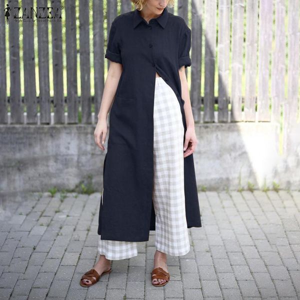 

women's blouses & shirts fashion long shirt zanzea 2021 women blouse casual summer lapel neck half sleeve solid tunic chemise cotton b, White