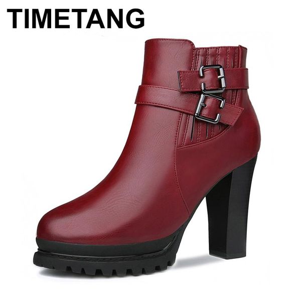 

timetang 2020 autumn winter fashion women boots high heels platform buckle zip leather short booties black ladies shoes mar