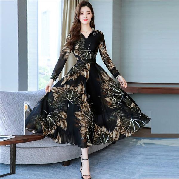 

woman summer chiffon dress v neck ladies floral purple maxi dresses slim ladies a line party dress floor for woman lr2, Black;gray