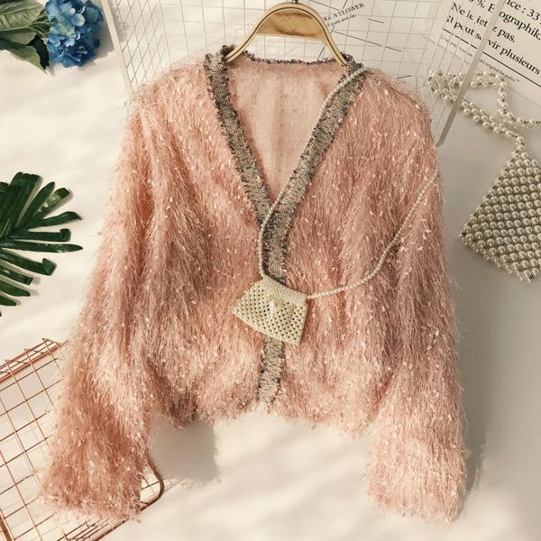 

fairy v neck hairy gold tassels sweat lazy windy fringed pullovers sweet long sleeved thin knitted shirts 2021, White;black