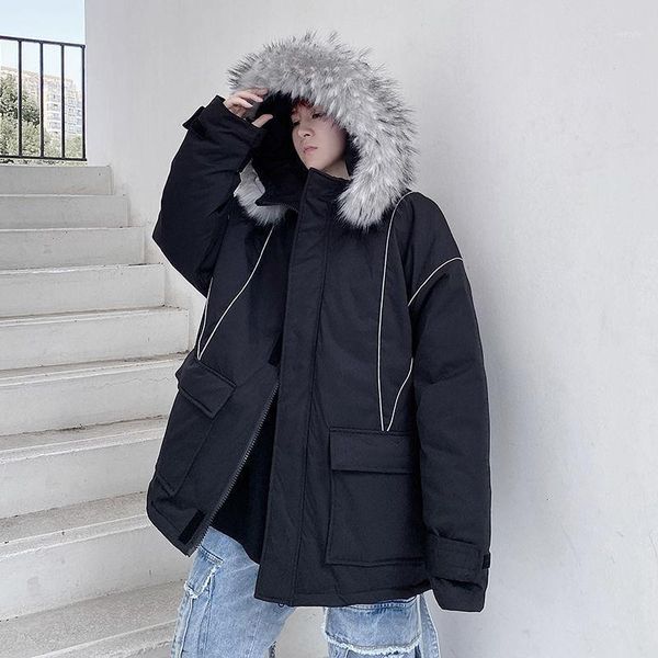 

hybskr men's korean streetwear parkas casual woman oversize hooded coats graphic printed hip hop man winter warm fashion parka1, Black