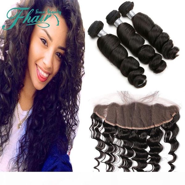 

brazilian hair bundles with lace frontal 13x4 middle 3way part natural color loose wave hair weave with lace frontal ear to ear, Black