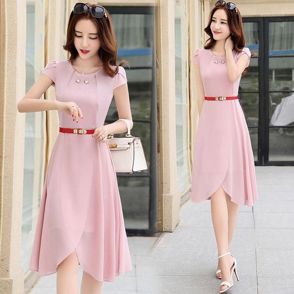 

2020 new summer women wear temperament chiffon elegant dress short sleeve patchwork irregular hem slim dresses with belt s771, Black;gray