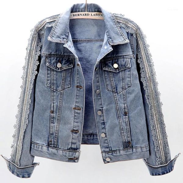 

2020 autumn new fashion denim jacket women slim diamond lace patchwork long-sleeved jeans coat1, Black;brown