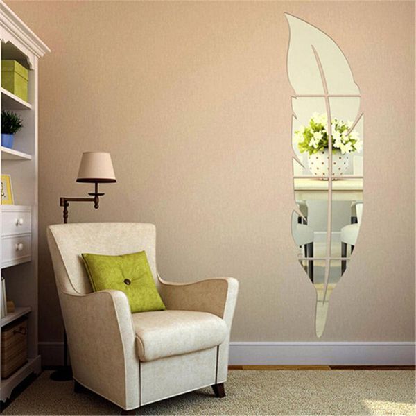 

wall stickers feather shaped acrylic gold sliver long mirror sticker home decoration bathroom bedroom living room decor
