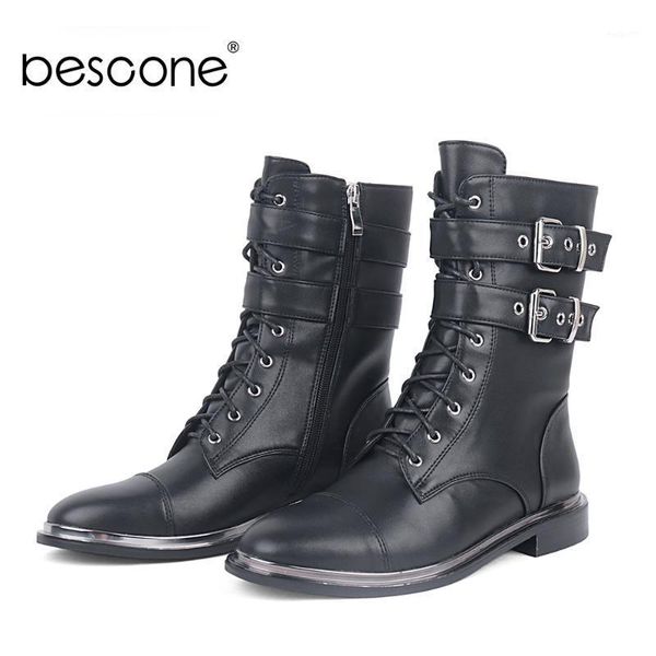 

boots bescone stylish ankle belt buckle decoration handmade zipper round toe low-heel women shoes black c7781