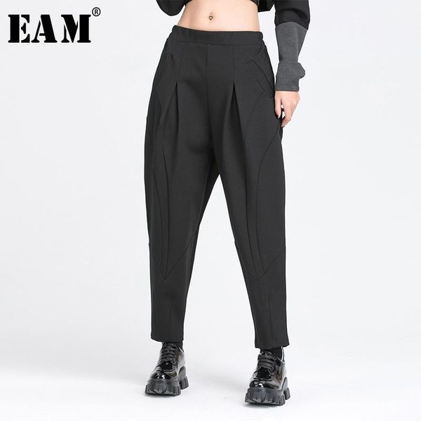 

eam] high elastic waist black long split joint harem trousers new loose fit pants women fashion tide spring autumn 2020 1y7661, Black;white