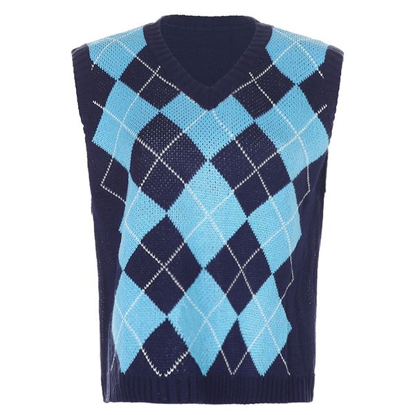 

v vintage neck argyle woman's waistcoat y2k black sleeveless plaid mesh harvest casual autumn sweaters preppy style 9tjt, White;black