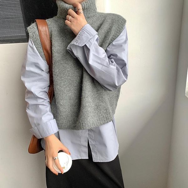

pull sans manches femme turtleneck sleeveless women vest sweater white pullover knitted loose 2020 autumn winter casual jumper, Black;white