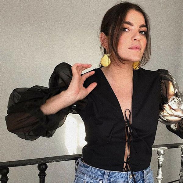 

women mesh sheer blouse v neck see through long puff sleeve shirt blouse lace bandage transparent shirt female blusas, White