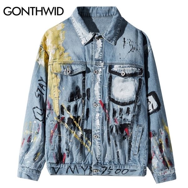 Gonthwid Tinta Graffiti Impressão Denim Casacos Hip Hop Punk Rock Jaquetas Casuais Casacos Streetwear Homens Moda Hipster Jaqueta Outwear Masculino 20116