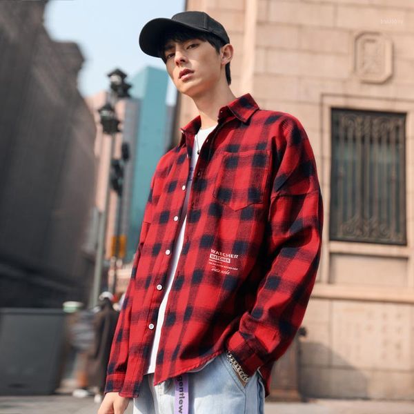 

men plaid shirts man streetwear shirts male white red black plaid long sleeve shirt casual shirt korean style 2020 fashion1, White;black