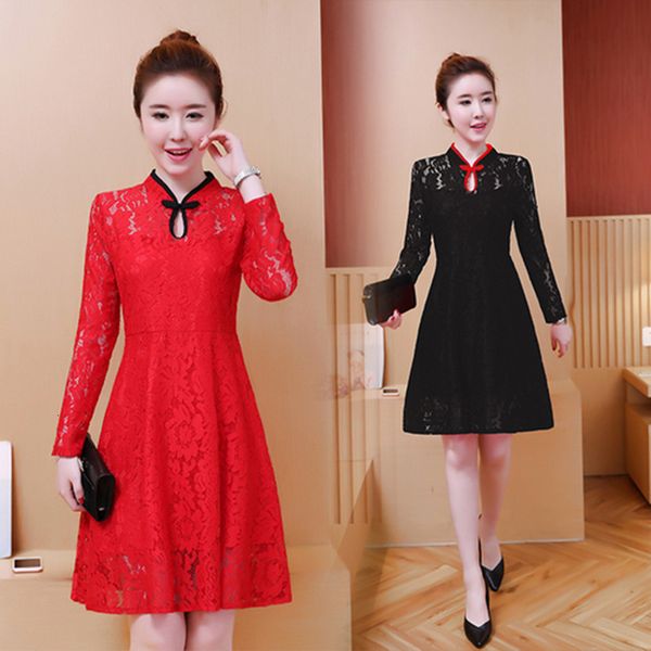 

woman plus size dressed in lace vintage sleeve long autumn the line black skater red party thin dress casual bo34, Black;gray