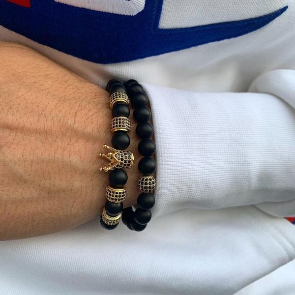 

charm bracelets 2pcs/set 8mm matte black bead stone for men&women micro pave cz circle bracelet jewelry, Golden;silver