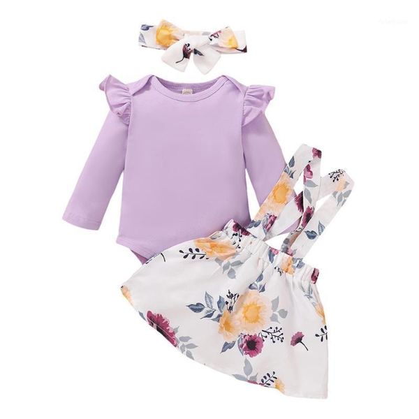 

newborn baby girl clothes 0 3 months long sleeve ruffled rompers infant long sleeve romper purple floral print suspender skirt1, White