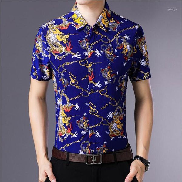 

summer men vogueslim fit short sleeve hawaiian shirt men dragon print shirt nice -5xl1, White;black