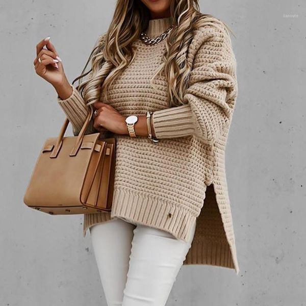 

autumn and winter new style long-sleeved women's half-high neck solid color drawstring side slit knit sweater1, White;black