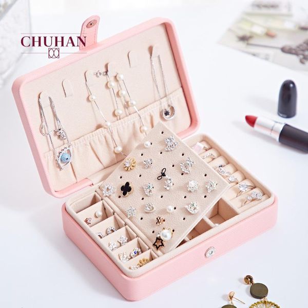 

chuhan portable pu leather jewelry box stud earrings ring multifunctional jewelry storage box wholesale jewlery organizer c440, Pink;blue