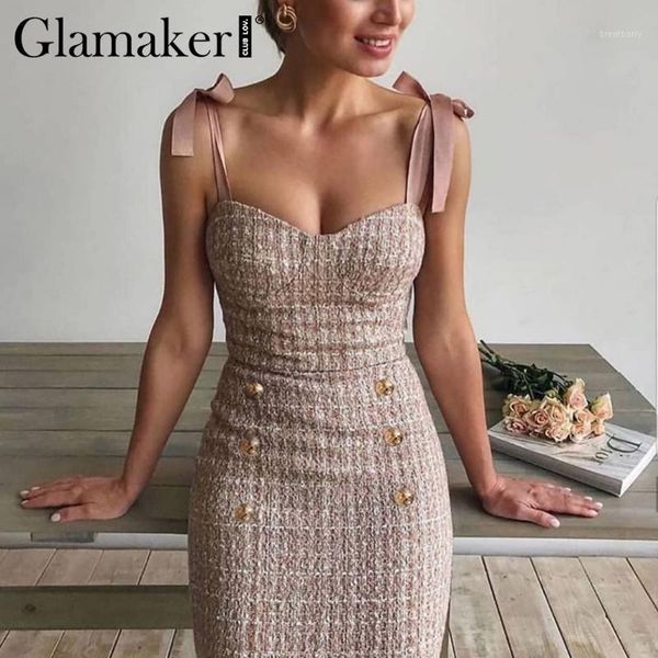 

glamaker tweed grid lace up sleeveless dress elegant buttons bodycon summer pink dress women party night short sundress1, Black;gray