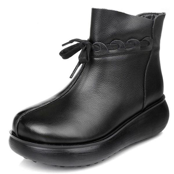 

boots cowhide winter women leather thick bottom increase shoes woman wedges warm snow women1, Black