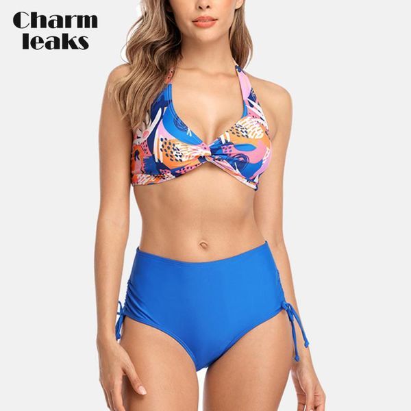 

charmleaks women bikini set halter bikini side bandages swimwear printed push up swimsuit1, White;black