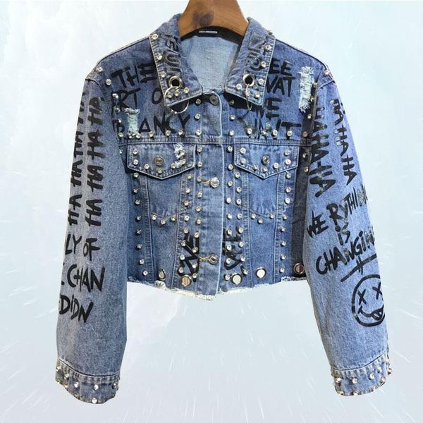 

2019 punk style letter print rivets beading women autumn jacket coat loose style women denim jacket coat crop abrigos mujer1, Black;brown