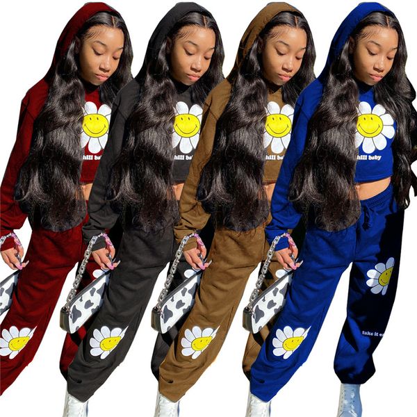 

chill baby letters print women tracksuit sweatershirt hoodie crop pants two piece outfits sunflower smiling face sportswear e121603, White