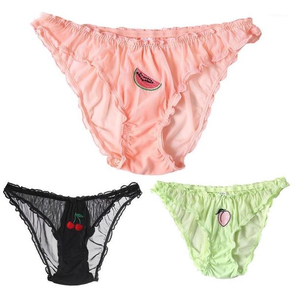 

women sweet ruffles low rise briefs underwear cute fruit embroidered panties see-through mesh lace lingerie thong1, Black;pink
