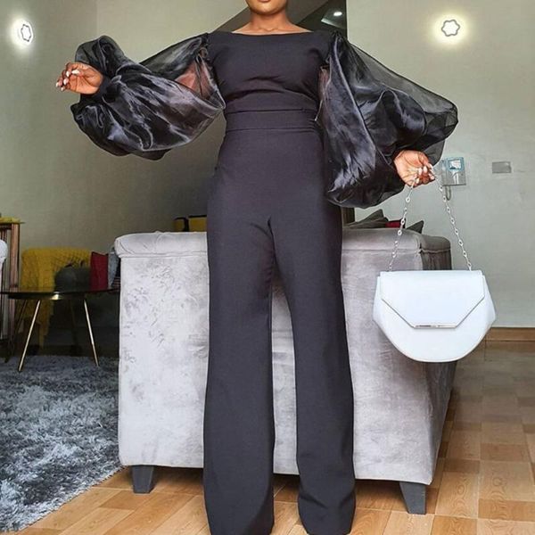 

elegant plus size jumpsuit women office party overalls mesh see through lantern sleeve black fashion oversize jumpsuits, Black;white