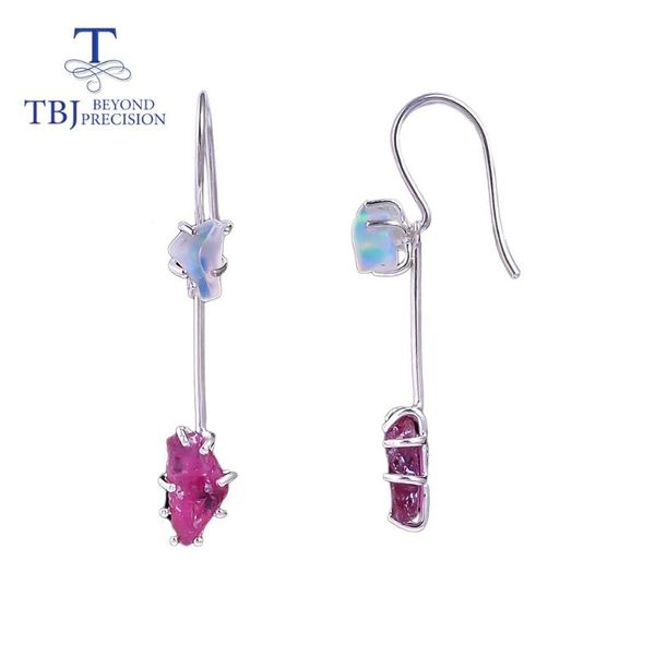 

dangle & chandelier tbj,long hook earring 7.2ct gemstone unique rough design natural ethiopia opal ruby fine handmae jewelry 925 sterling si, Silver