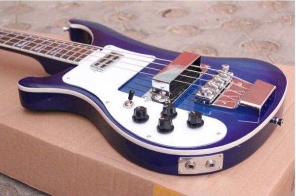 Transparente blaue 4-saitige 4003-Bassgitarre für Linkshänder, speziell angefertigte 4-saitige Fire-Glo-Bassgitarre mit Shark-Pin-Inlays und Bajo-Rückhandbass