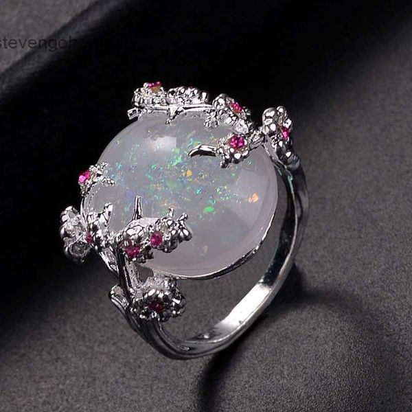 

new circle luxury with rattan exaggerated opal life tree silver ring accessories