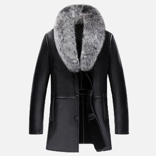 

new real fur collar v-neck men long style sheep leather male fur solid color outerwear coat thick warm parkas mz1152, Black